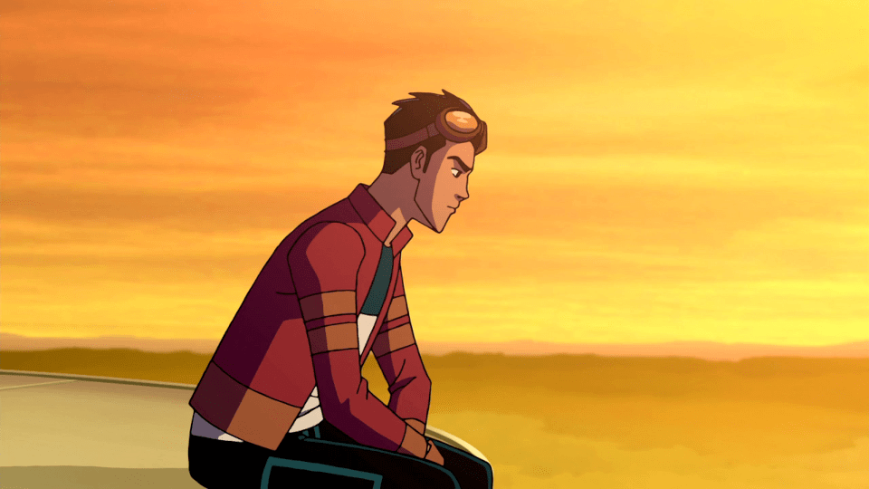 Shot from Generator Rex. Rex is sitting at the top of a tower at sunset.'